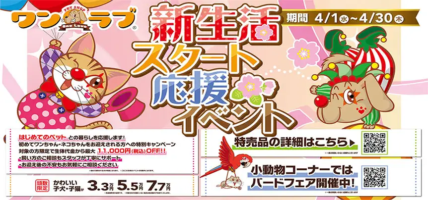 【新生活スタート 応援イベント 開催！！】はじめてのペットをワンラブでお迎えしませんか！ 今がお得です！！｜4/1～4/30まで
