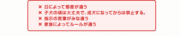 ×日によって態度が違う ×子犬の頃は大丈夫で、成犬になってからは禁止する。 ×指示の言葉がみな違う ×家族によってルールが違う