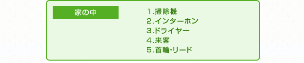 家の中 1掃除機 2インターホン 3ドライヤー 4 来客 5首輪・リード
