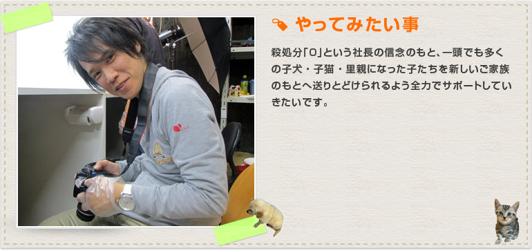 殺処分「0」という社長の信念のもと、一頭でも多くの子犬・子猫・里親になった子たちを新しいご家族のもとへ送りとどけれるよう全力でサポートしていきたいです。
